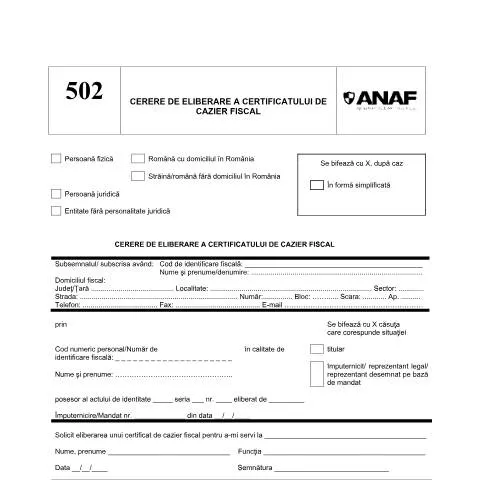 Document preview: Importanța certificatului de cazier fiscal în România — Impozite & fiscalitate (CERFA n°D_502_OPANAF_2048_2023)