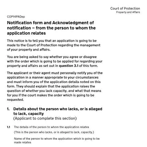 Document preview: Understanding Form COP14PADep: Notifying About Deputy Applications — Legal & justice