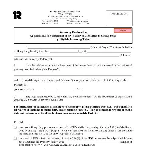 Document preview: Navigating the IRSD 131E(E) Form for Newcomers in Hong Kong — Property & real estate (CERFA n°IRSD 131E(E))