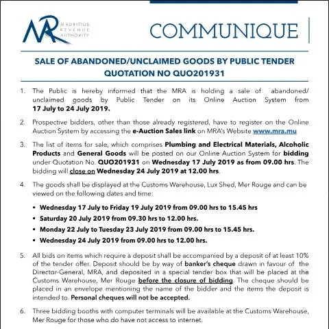 Document preview: Understanding the Sale of Unclaimed Goods by Public Tender — Government & admin (CERFA n°Communique31of2019)