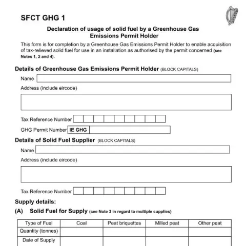 Document preview: Declaration of Solid Fuel Usage for Greenhouse Gas Permit Holders — Taxes (SFCT GHG 1)