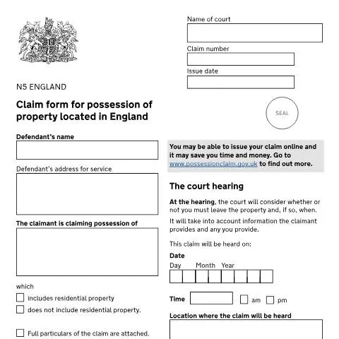 Document preview: Understanding Form N5: Legal Property Possession Claims in England — Housing