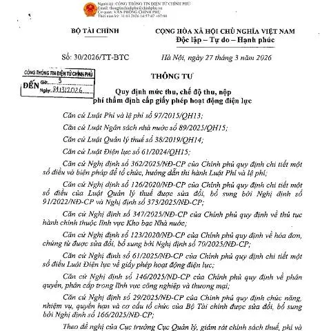 Document preview: Chi tiết về Thông tư 30/2026/TT-BTC và phí thẩm định điện lực — Thủ tục hành chính (CERFA n°30/2026/TT-BTC)