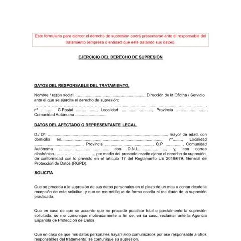 Vista previa del documento Formulario para ejercer el derecho de supresión — Digital y datos personales
