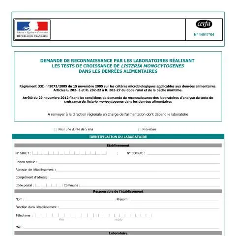 Aperçu du document Agrément laboratoires pour tests listeria monocytogenes — Santé (CERFA n°14917*04)