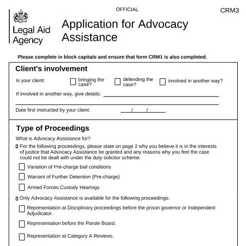 Document preview: How to Apply for Criminal Advocacy Assistance Using CRM3 Form — Legal & justice