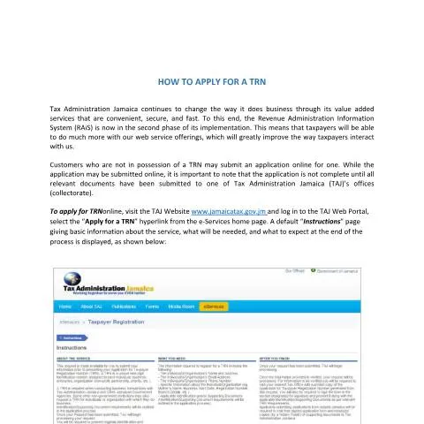 Document preview: Guide to Applying for a Taxpayer Registration Number in Jamaica — Taxes (CERFA n°eServices+-+Apply+for+a+TRN)