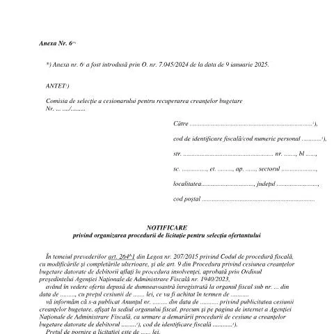Document preview: Procedura de Licitație pentru Selecția Ofertantului conform OPANAF — Formalități administrative (CERFA n°A6%5E1_OPANAF_1940_2023)