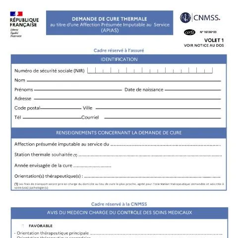 Aperçu du document Cure thermale APIAS : obtenir la prise en charge de l'État — Santé (CERFA n°16136*03)