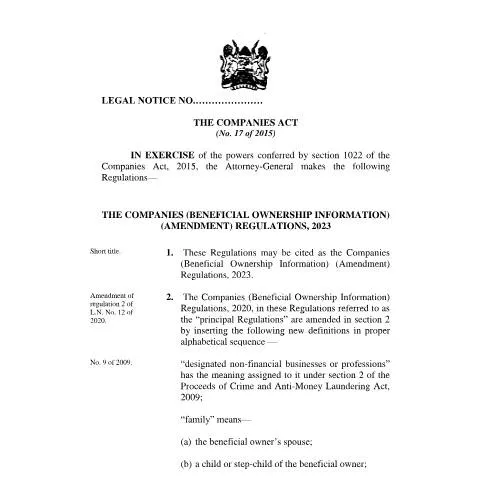 Document preview: Kenya's 2023 Amendments to Beneficial Ownership Regulations — Legal & justice (CERFA n°FINAL-18.10.23-COMPANIES-BENEFICIAL-OWNERSHIP-AMENDMENT-REGULATIONS-2023)