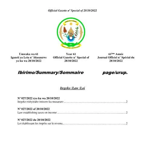 Document preview: Overview of Rwanda's Income Tax Law (October 28, 2022) — Taxes (CERFA n°OG_n___Special_of_28.10.2022_Imisoro_ku_musaruro_Taxes_on_income_01)