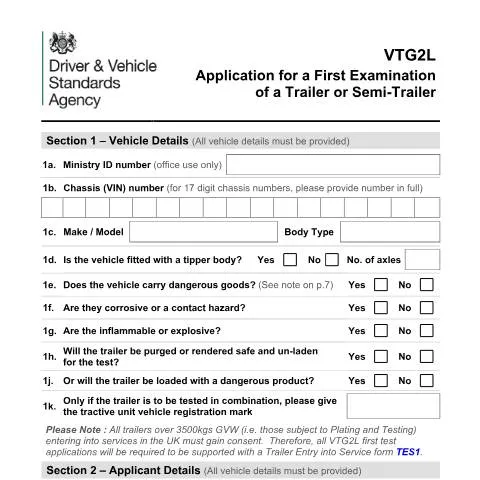 Document preview: VTG2L Form: Mandatory First Examination for Heavy Trailers — Vehicle & driving