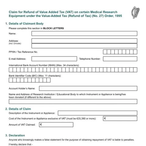 Document preview: How to Complete the VAT 72A Form for Medical Research Equipment Refund — Taxes (VAT 72A)