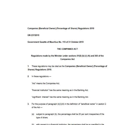Document preview: Mauritius Companies Beneficial Owner Regulations 2019 Overview — Government & admin (Companies-Beneficial-Owner-Percentage-of-Shares-Regulations-2019-Updated)