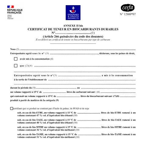 Aperçu du document Certification TIRUERT : conformité des biocarburants durables — Démarches administratives (CERFA n°12989*07)