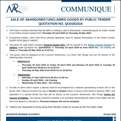 Document preview: Mauritius Revenue Authority Announces Sale of Abandoned Goods via — Government & admin (CommuniqueQuo202416)