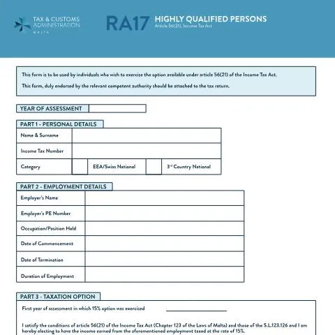 Document preview: Navigating Malta's Income Tax with RA Forms — Taxes (CERFA n°mtca-ra17-eng)