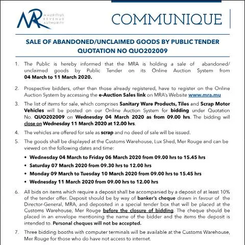 Document preview: Explore Mauritius' Public Tender Sales for Abandoned Goods — Government & admin (Communique09of2020)