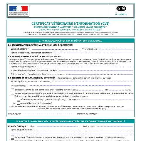 Aperçu du document Protocole sanitaire pour animal accidenté destiné à l'abattoir — Santé (CERFA n°15766*01)