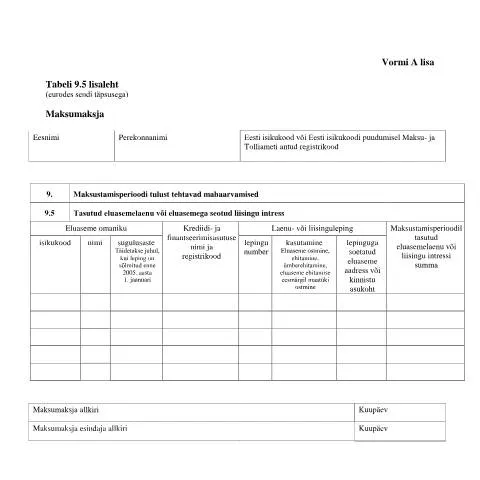 Document preview: Eluasemelaenu intresside esitamine Vorm A Tabel 9.5 — Maksud ja maksustamine (CERFA n°VORM A TABEL 9.5 LISALEHT)
