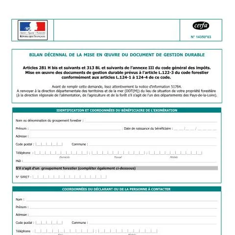 Aperçu du document Document 14350*03 : évaluation de la gestion forestière durable — Démarches administratives (CERFA n°14350*03)
