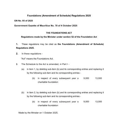 Document preview: Mauritius Foundations (Amendment of Schedule) Regulations 2025 — Government & admin (no-93-foundations-amendment-schedule-regulations-2025)