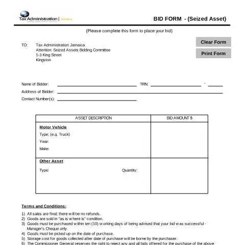 Document preview: Seized Assets Bid Form in Jamaica: How to Participate — Government & admin (CERFA n°amended+form+-+seized+asset+bid+form_taj)