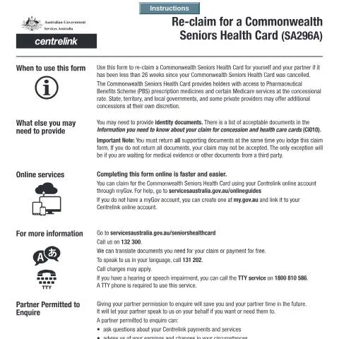 Document preview: Your Guide to Re-claiming the Commonwealth Seniors Health Card — Benefits & social aid (CERFA n°SA296A)