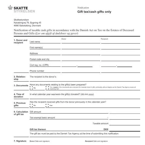 Document preview: Indsendelse af gaveanmeldelse i Danmark — Skatter & skat (CERFA n°07.016)