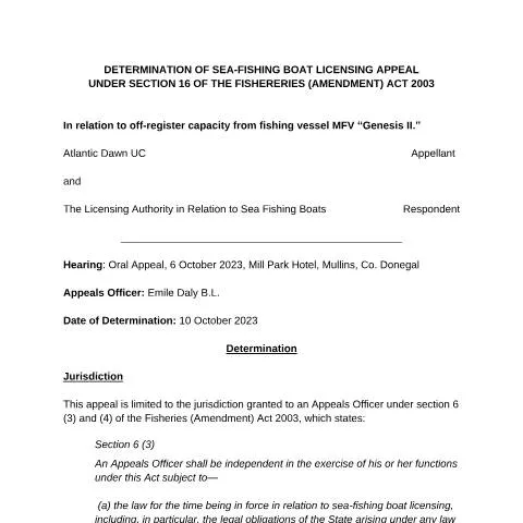 Document preview: Irish Sea Fishing Boat Licensing Appeal Decision — Government & admin (CERFA n°DATED10)