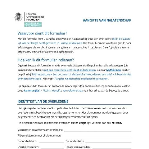 Aperçu du document Comprendre le formulaire Aangifte van nalatenschap à Bruxelles — État civil & identité (CERFA n°20260115-187-aangifte-nalatenschap-print)