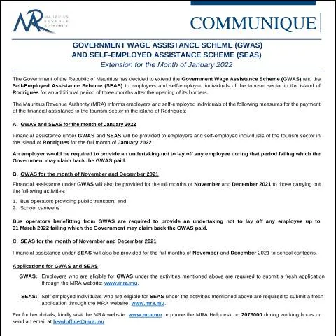 Document preview: Extension of GWAS and SEAS Schemes for January 2022 in Mauritius — Taxes (CERFA n°Communique240122)