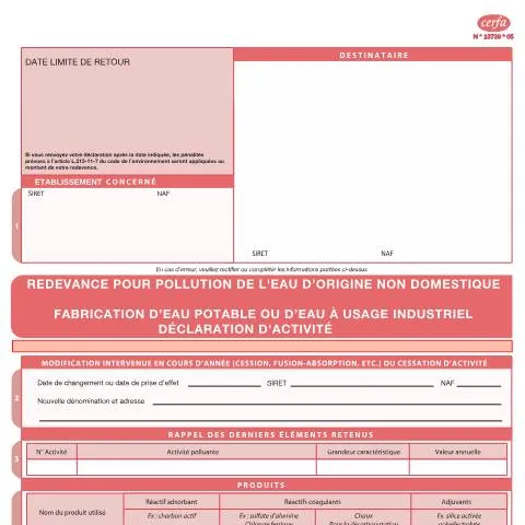 Aperçu du document Fabrication d'eau potable : obligations de déclaration des rejets — Démarches administratives (CERFA n°13739*04)