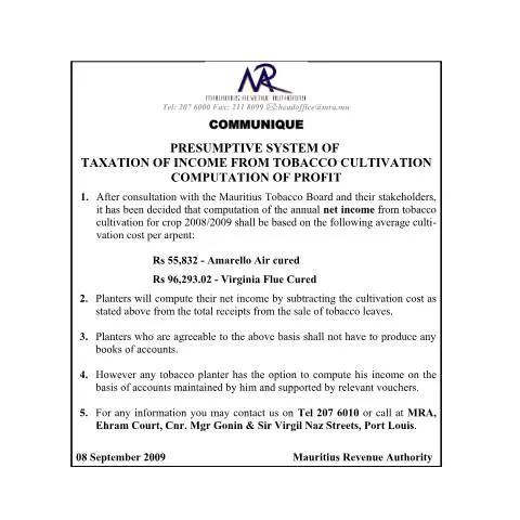 Document preview: Understanding Tobacco Cultivation Taxation in Mauritius — Taxes (CERFA n°tobaccoCultivation040909)