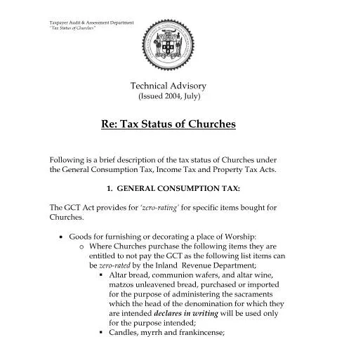 Document preview: Understanding the Tax Status of Churches in Jamaica — Taxes (CERFA n°2004.iroc.gct+-+tax+status+of+churches)