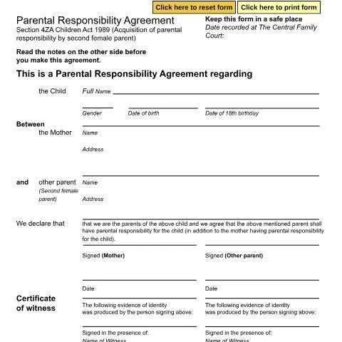 Document preview: Understanding Parental Responsibility Agreement for Second Female — Family