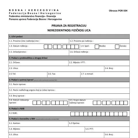 Document preview: Važnost obrasca POR-504 za nerezidente u Bosni i Hercegovini — Porezi i fiskalnost (CERFA n°POR-504)