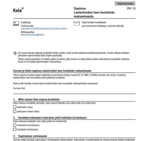 Document preview: Kela WH 16: Lastenhoidon tuen kuntalisän merkitys — Hallinnolliset asiat (CERFA n°Kela WH 16)