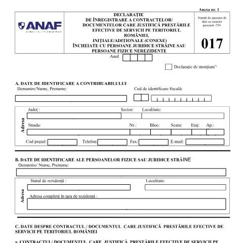 Document preview: Importanța declarației de înregistrare a contractelor în România — Impozite & fiscalitate (CERFA n°017_A1_OPANAF_2994_2016)