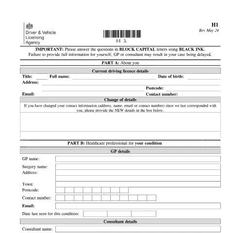 Document preview: DVLA Form H1: Medical Reporting for Heart Conditions and Driving — Vehicle & driving
