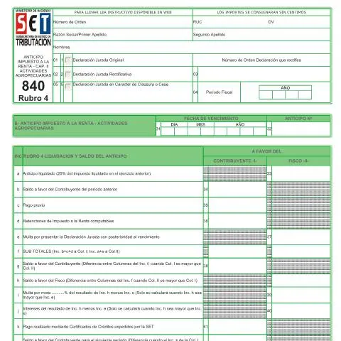 Vista previa del documento Formulario 840 Rubro 4 para Impuesto a la Renta Agropecuaria — Impuestos (CERFA n°F840)