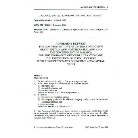 Document preview: Jamaica-United Kingdom Income Tax Treaty Documentation — Government & admin (CERFA n°dta+jamaica_uk)