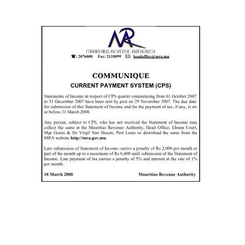 Document preview: Overview of the Current Payment System Notice in Mauritius — Government & admin (CERFA n°communiqueCPS180308)