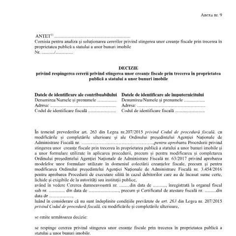 Document preview: Detalii despre respingerea cererii de stingere a creanțelor fiscale — Impozite & fiscalitate (CERFA n°A9_OPANAF_6942_2024)