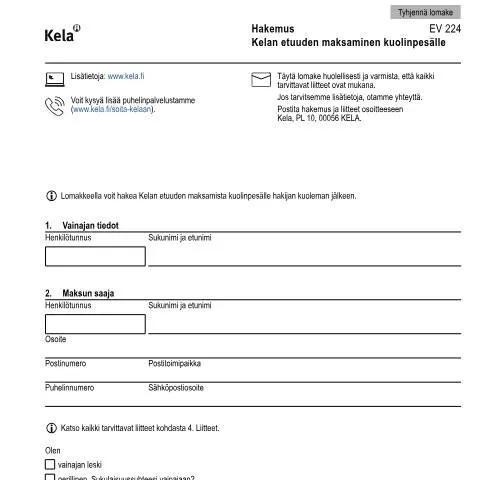 Document preview: Kelan etuuden hakeminen kuolinpesälle — Asuminen (CERFA n°Kela EV 224)