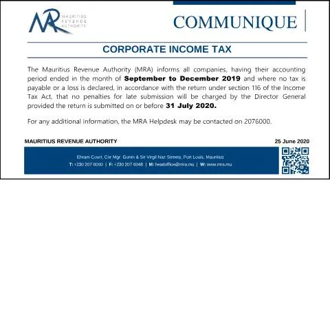 Document preview: Mauritius Corporate Income Tax Filing Guidelines and Penalties — Taxes (CERFA n°Communique20200625_Corporate_Income_tax)