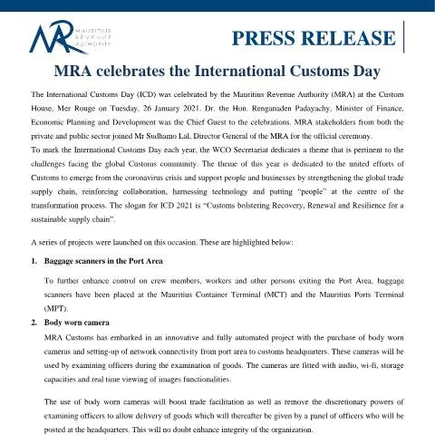 Document preview: Mauritius Celebrates International Customs Day with Key Stakeholders — Government & admin (PressRelease270121)