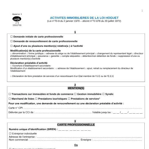 Aperçu du document Obtenir sa carte professionnelle d'agent immobilier — Démarches administratives (CERFA n°15312*03)