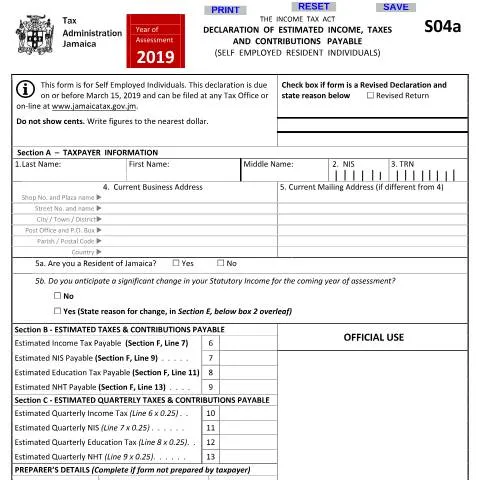 Document preview: Self-Employed Income and Tax Declaration Form Jamaica 2019 — Government & admin (CERFA n°S04a_2019_2a)