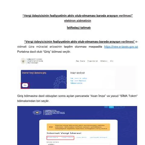 Document preview: Vergi ödəyicisinin fəaliyyətinin aktiv olub-olmaması arayışı — Vergilər & maliyyə